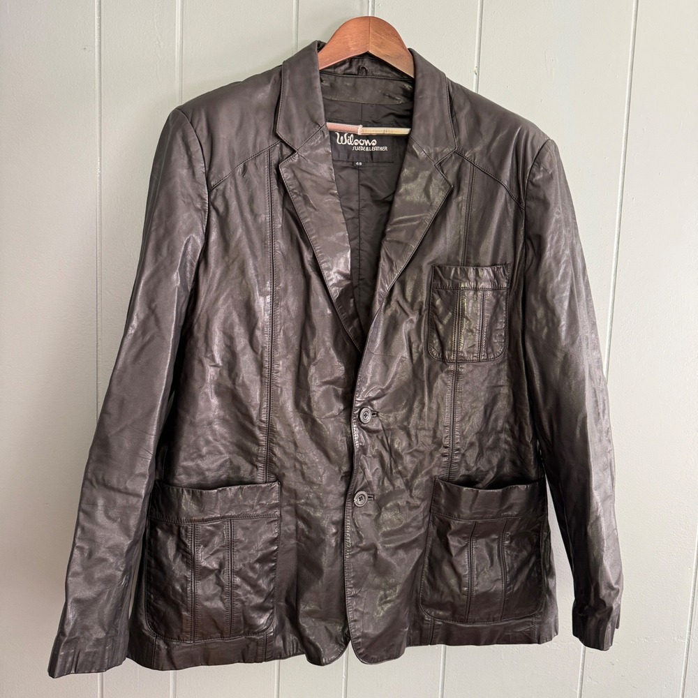 Wilsons Vtg Genuine Leather Blazer Men's 48 Black 70s Dark Academia Coat XL-XXL